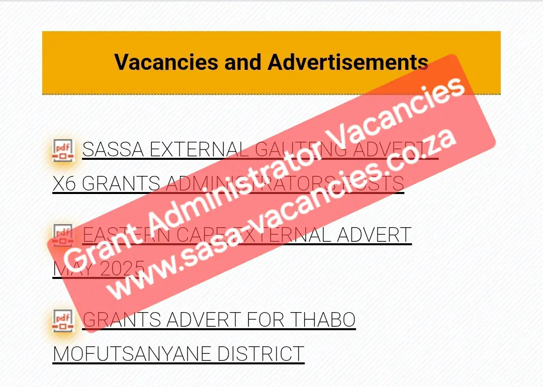 Screenshot of the official Sassa-Vacancies website showing current job opportunities, with a red watermark that reads “Grant Administrator Vacancies” and the URL www.sasa-vacancies.co.za.